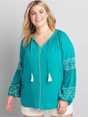 Embroidered Peasant Top Blue Plus Size 24 Lane Bryant Coastal Beach Boho New NWT